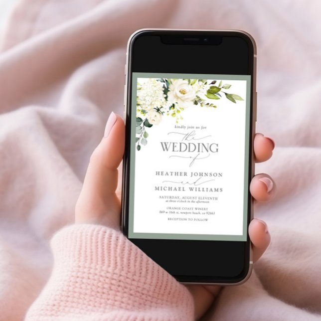 Convite Foto de Aquarela Floral Verde da Cinza Branca Eleg (Criador carregado)