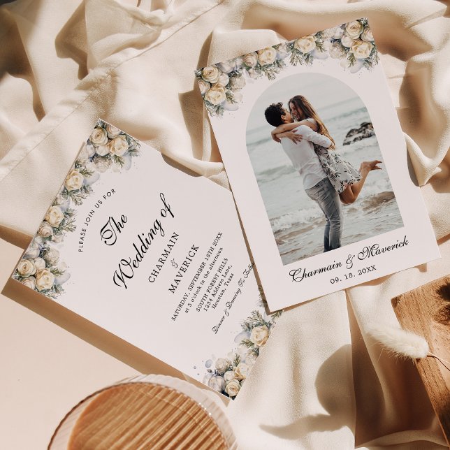 Convite Foto de Arch com Rosas Brancas Casamento Elegante (Criador carregado)