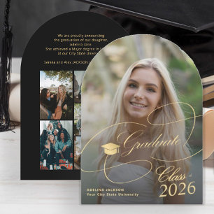 Convite Foto de arco dourado preto graduado roteiro format