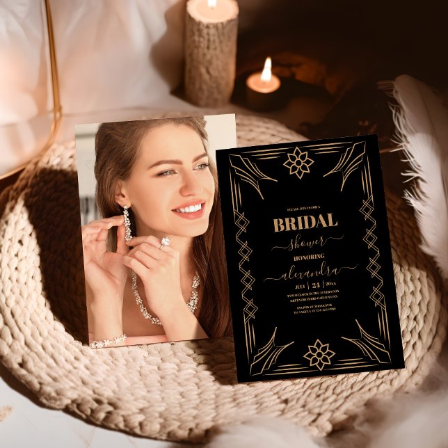 Convite Foto de Arrasto Dourado 20s Art Deco Bridal (Criador carregado)