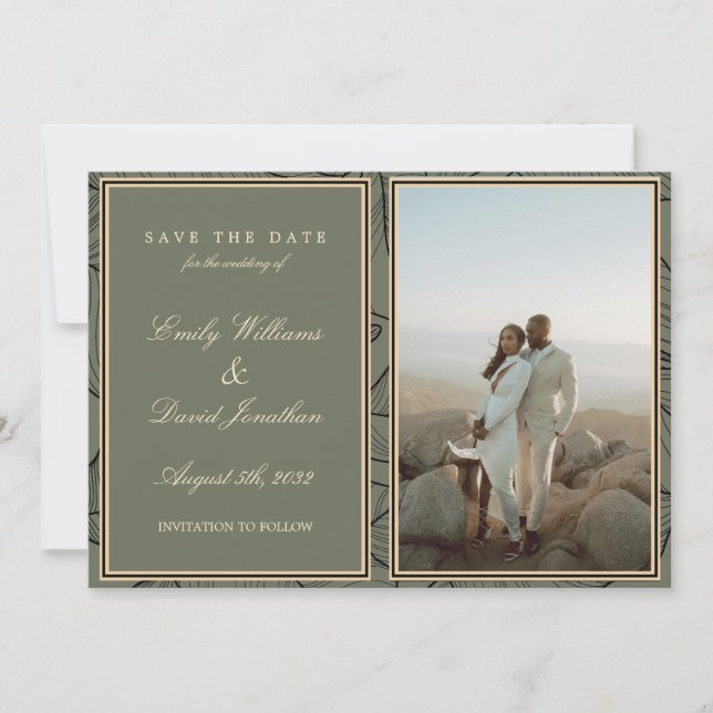 Convite Foto de Arte de Linha Floral Elegante Verde Sage (Frente)