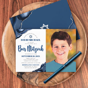 Convite Foto de Bar Mitzvah Moderno Azul Naval Ágata Scrip