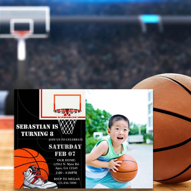 Convite Foto de Basquete Laranja Negro Foto de Aniversário (basketball photo birthday invitation for kids)