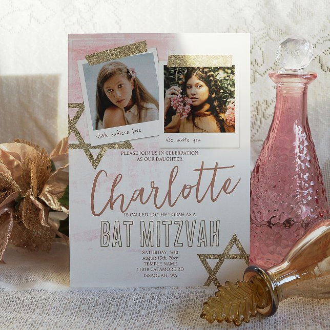 Convite Foto de Bat Mitzvah Heather Mauve Rosa e Dourado (elegant mauve, rose gold pink star of david bat mitzvah invitations with glitter, script writing)