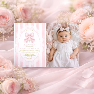 Convite Foto de Batismo Cristão de Menina com Laço Rosa