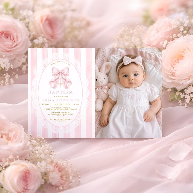Convite Foto de Batismo Cristão de Menina com Laço Rosa (Criador carregado)