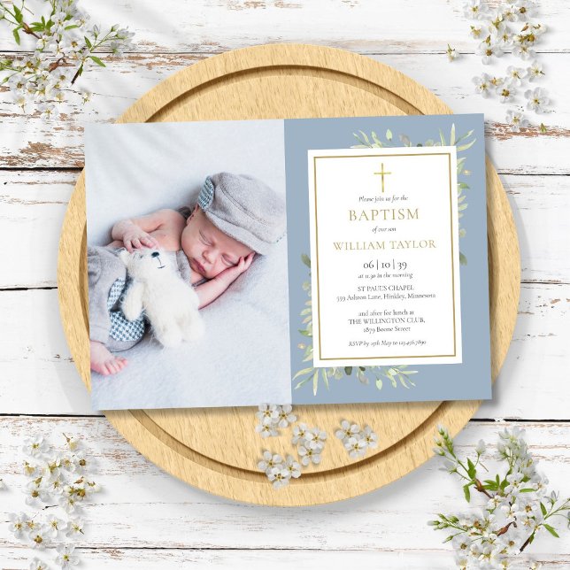 Convite Foto de Batismo de Azul Empoeirado com Verde Folha (Dusty Blue Greenery Baptism Christening Photo Invitation)