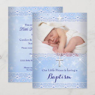 Convite Foto de Batismo de Bebê Menino com Renda Azul