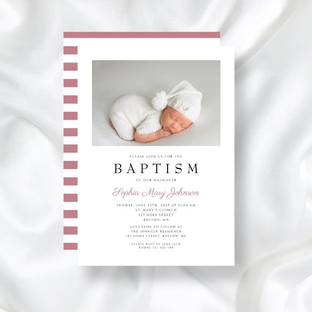 Convite Foto de Batismo de Menina Elegante Tiras Rosa Mode (Modern Pink Stripes Elegant Girl Baptism Photo Invitation)