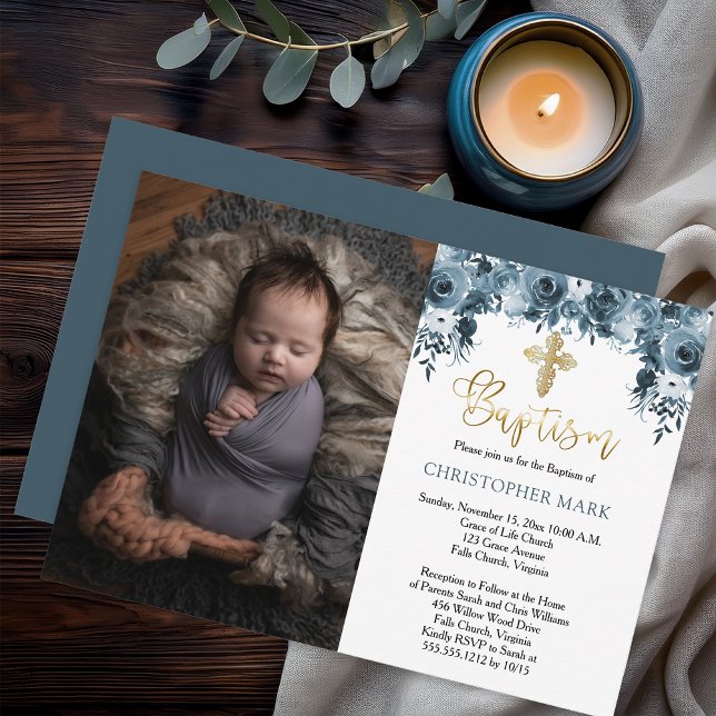 Convite Foto de Batismo de Menino com Aquarela Floral Azul (Elegant Blue Watercolor Floral Faux Gold Accents Boy Baptism Photo Invitation - Print | Digital)