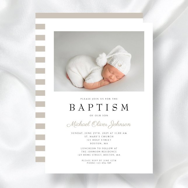 Convite Foto de Batismo de Menino com Listras Bege Elegant (Elegant Taupe Stripes Boy Baptism Photo Invitation)