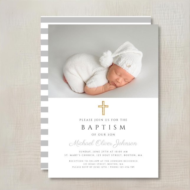 Convite Foto de Batismo de Menino Cruzado Elegante (Elegant Religious Cross Boy Baptism Photo Invitation)