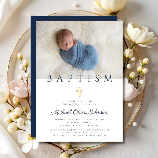 Convite Foto de Batismo de Menino Cruzado Religioso marinh (Navy Blue Religious Cross Boy Baptism Photo Invitation)