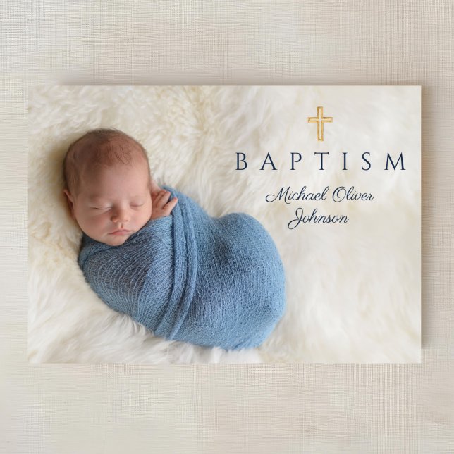 Convite Foto de Batismo de Menino Cruzado Religioso marinh (Navy Blue Religious Cross Boy Baptism Photo Invitation)
