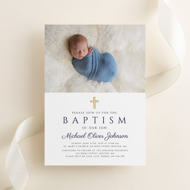 Convite Foto de Batismo de Menino Cruzado Religioso marinh (Navy Blue Religious Cross Boy Baptism Photo Invitation)