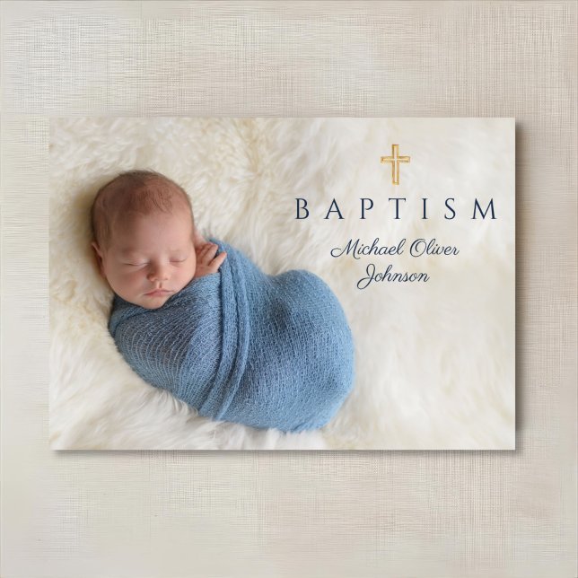Convite Foto de Batismo de Menino Cruzado Religioso Modern (Modern Blue Religious Cross Boy Baptism Photo Invitation)