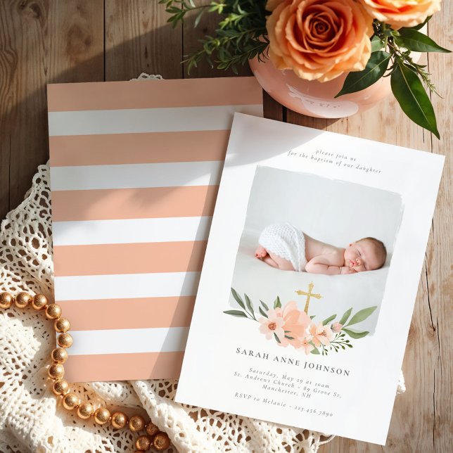Convite Foto de Batismo Floral Cross Floral Elegante Water (Elegant Watercolour Floral Cross Baptism Photo Invitation)