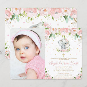 Convite Foto De Batismo Floral Rosa Com Blush De Elefante