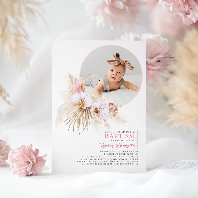 Convite Foto De Batismo Floral Rosa Pampas Grass (Floral Elegant Modern Baptism Photo Invitations for Girl)