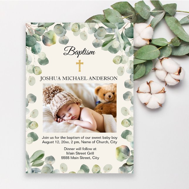Convite Foto de Batismo Religioso Cruzado de Eucalyptus Do (Elegant green eucalyptus leaves religious baby christening/baptism invitation. Add your photo)