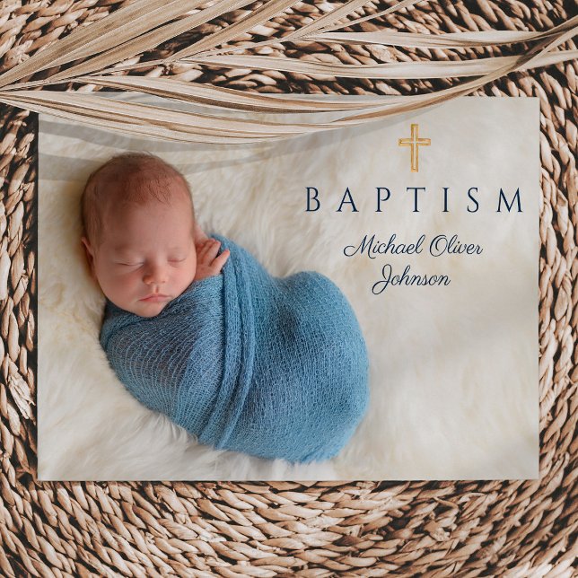 Convite Foto de Batismo Religioso de Menino em Azul Marinh (Navy Blue Religious Cross Boy Baptism Photo Invitation)
