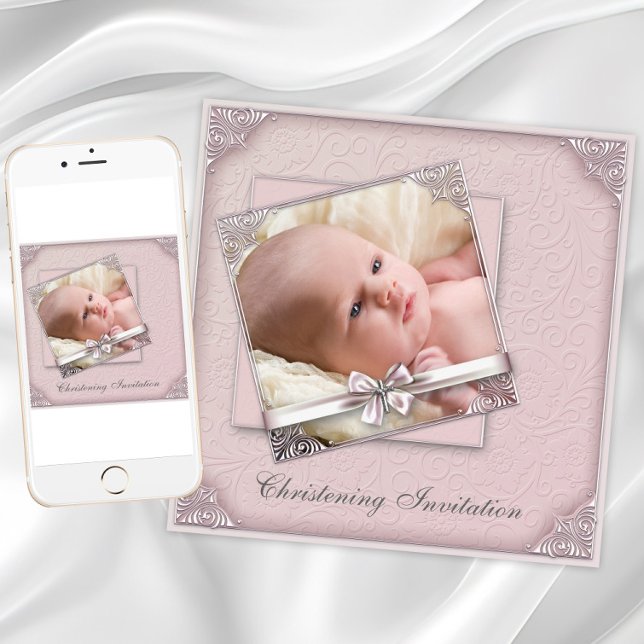 Convite Foto de Batismo Rosa Bege  (Blush pink christening invitation. Add photo and text. Download and printed invitations available.)