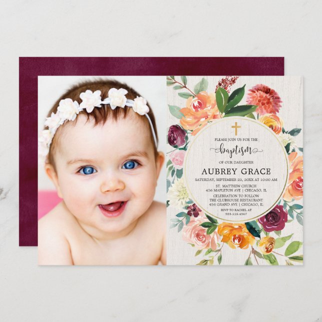 Convite Foto de batismo rústico com borboleta floral (Frente/Verso)