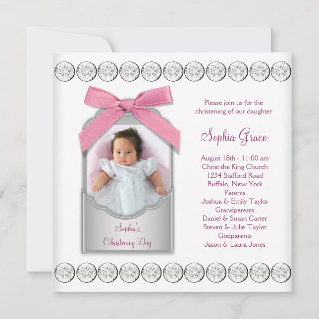 Convite Foto de Batizado de Bebê Menina Rosa Branco (Frente)
