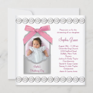 Convite Foto de Batizado de Bebê Menina Rosa Branco