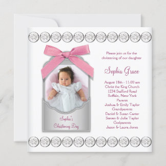 Convite Foto de Batizado de Bebê Menina Rosa Branco