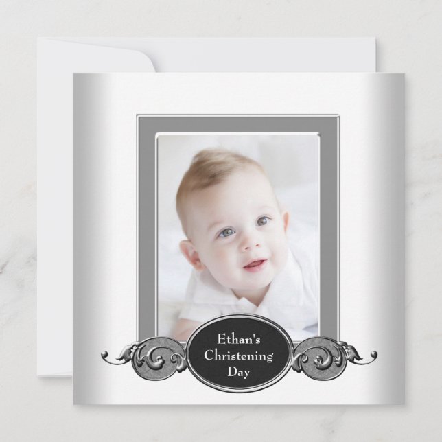 Convite Foto de Batizado de Bebê Menino Preto e Branco (Frente)