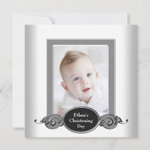Convite Foto de Batizado de Bebê Menino Preto e Branco