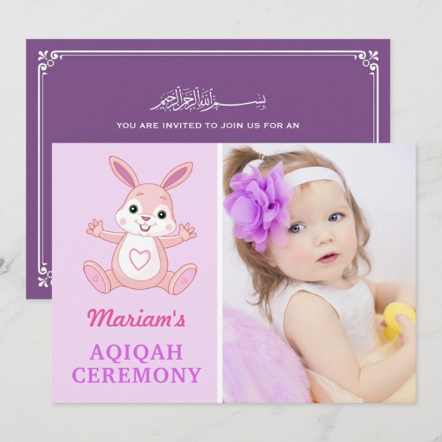 Convite Foto de Bebê Coelhinha Roxo-Bonito Aqiqah (Frente/Verso)