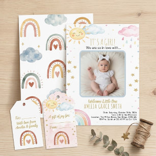 Convite Foto de Bebê com Chuva de Cores Boho em Aquarela F