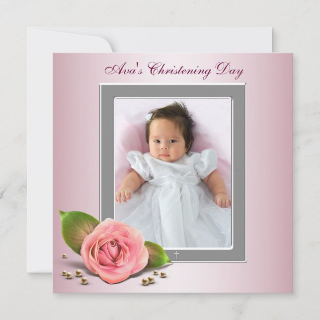 Convite Foto de Bebê Menina com Rosa Rosa no Batizado (Frente)