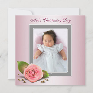 Convite Foto de Bebê Menina com Rosa Rosa no Batizado