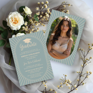 Convite Foto de Boina de Graduação Oval Vintage Elegante e
