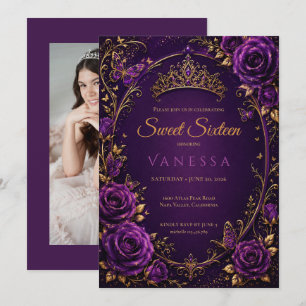 Convite foto de borboletas princesa roxo sweet 16