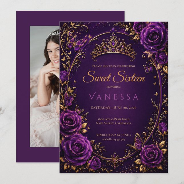 Convite foto de borboletas princesa roxo sweet 16 (Frente/Verso)