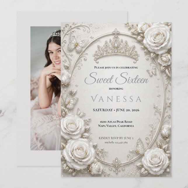 Convite foto de borboletas princesa sweet 16 (Frente/Verso)
