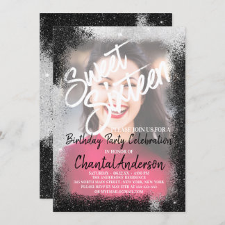 Convite Foto de borda brilhante de prata preta Doce Dezess