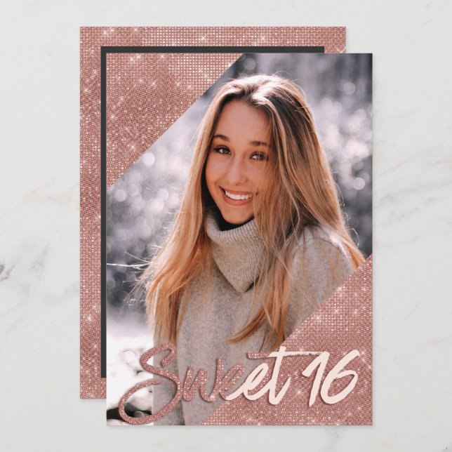 Convite Foto de borda brilhante Dourada de Rosa preto chic (Frente/Verso)