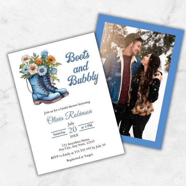 Convite Foto de Botas Ocidentais Azuis e Bridal Shower Bub (Photo Western Blue Boots & Bubbly Bridal Shower Invitation   )
