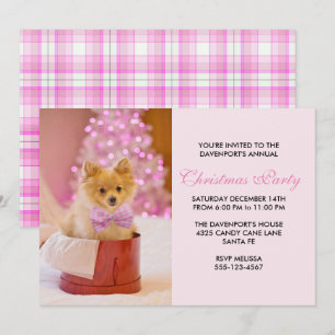 Convite Foto de cachorro de Natal fofo com laço rosa e árv