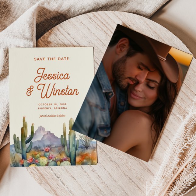 Convite Foto de Cactus do Deserto Moderno Salva a Data (Criador carregado)