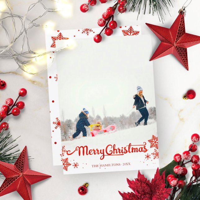 Convite Foto de Caligrafia Vermelha Floco de Neve Natal (Criador carregado)