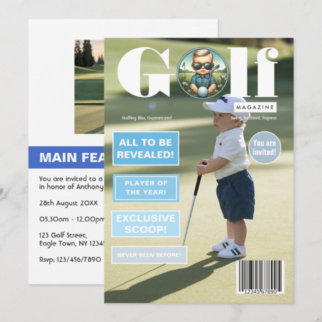 Convite Foto de Capa de Revista de Golfe para Aniversário  (Frente/Verso)