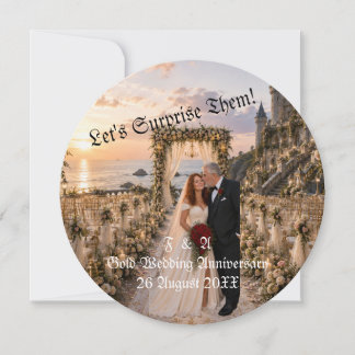 Convite Foto de Casal de Casamento de Ouro Surpresa Redond