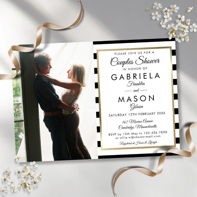 Convite Foto de casal em chuveiro com listras pretas e bra (Black And White Stripe Photo Couples Shower Invitation)
