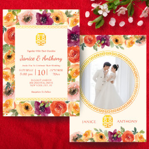 Convite Foto de casal em moldura floral bege casamento chi
